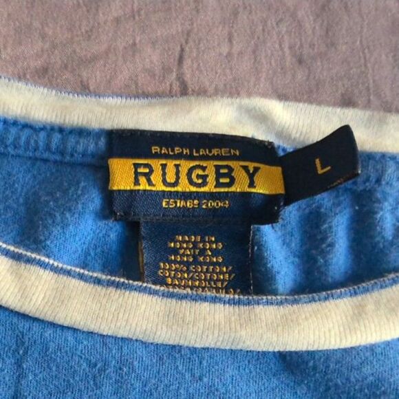 VINTAGE Rugby Ralph Lauren 'R' Patch Ringer Tee Blue (Y2K, Size L) - Picture 3 of 4